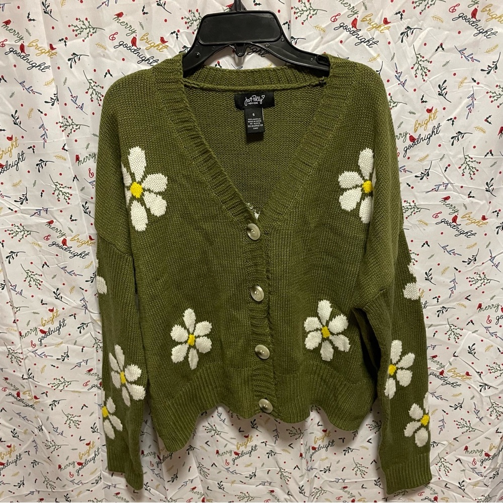EUC Just Polly 60s Green Daisy Flower Knit Button-up Oversized Cardigan Size S